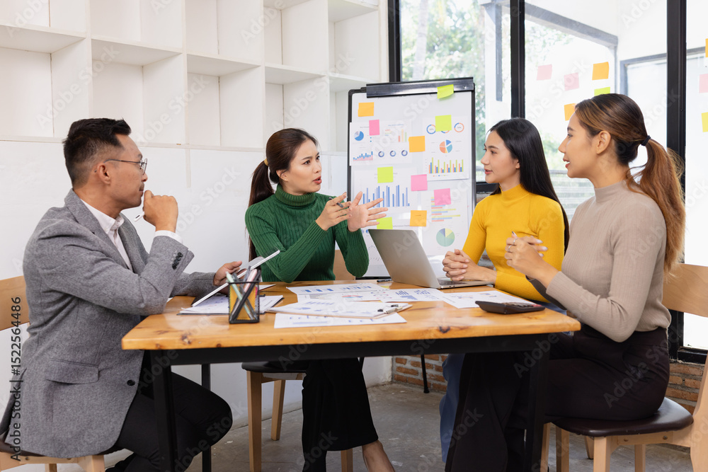 Fototapeta premium Group of business people working together with dashboard analysis and data management in conference room, Corporate business and dashboard to presentation concept.