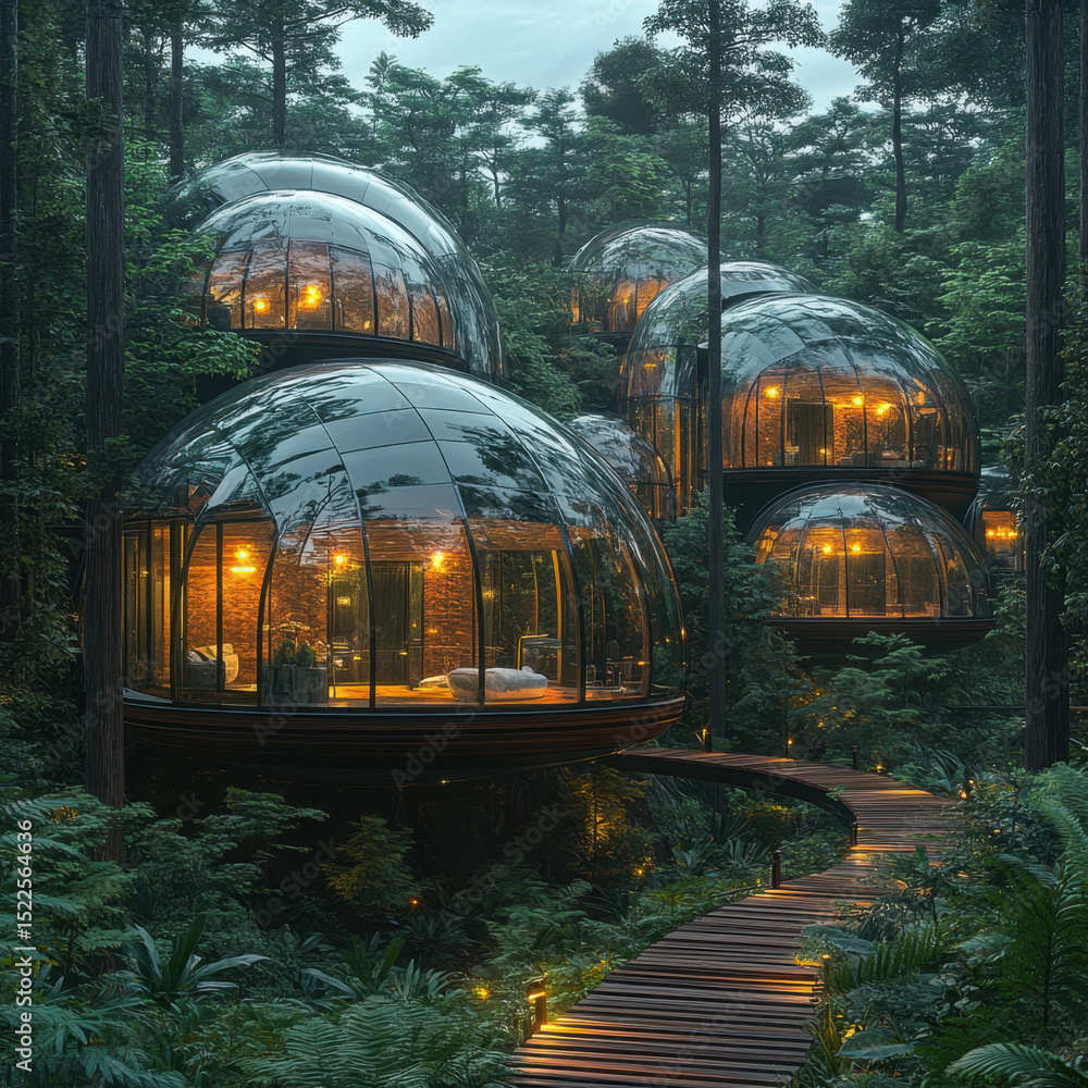 Fototapeta premium Forest house nestled among tall trees with sunlight filtering through the branches.