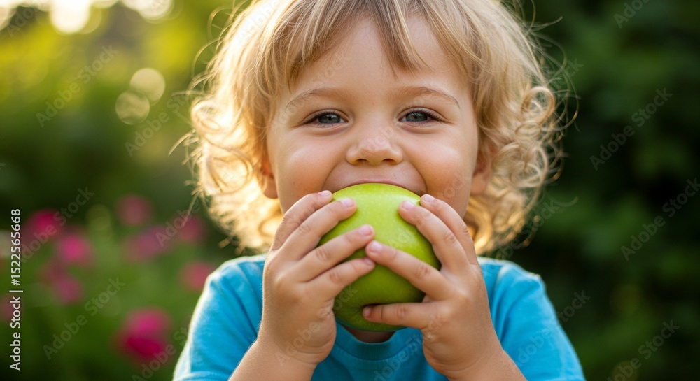 Happy child eating green apple in summer park Happy child eating green apple in summer park