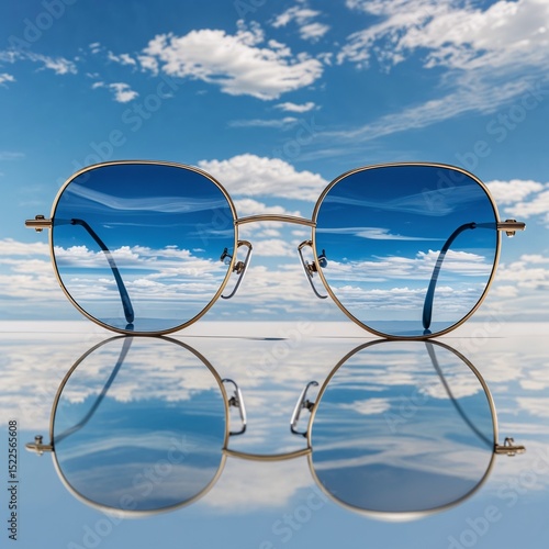 Blue sunglasses reflecting sky and clouds on mirrored surface