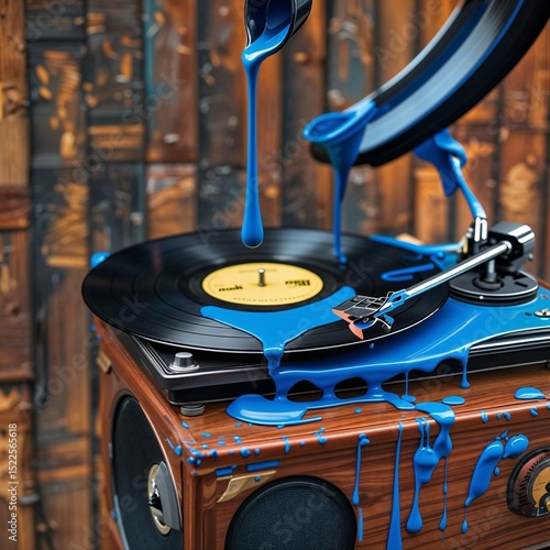 Vinyl record player with dripping blue paint in vintage setting