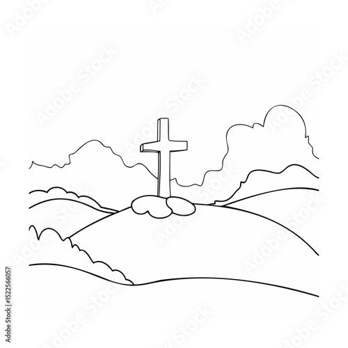 Depiction of a simple cross on a hilltop in an artistic black and white illustration