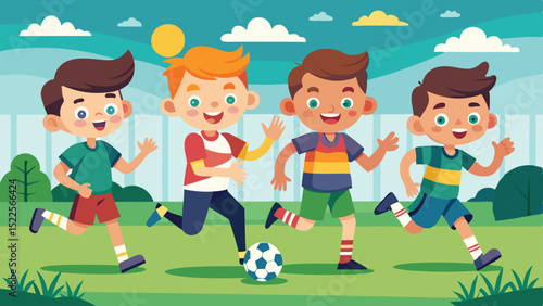 Illustrated Children Playing Soccer Outdoors on a Sunny Day with Sky and Clouds