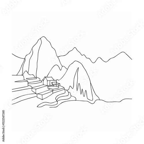 Minimalist line drawing of machu picchu ancient inca city and andean mountains