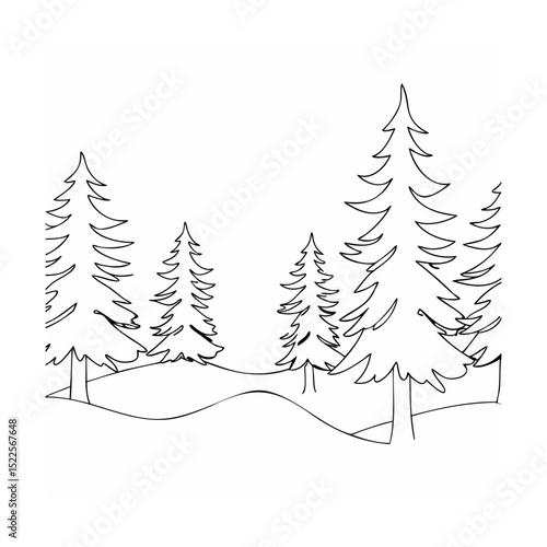Simple black and white illustration of a winter forest scene with fir trees