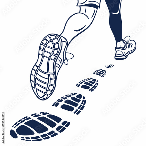 Athlete running with footprints graphic depicting motion and movement trail on white background for fitness concepts.