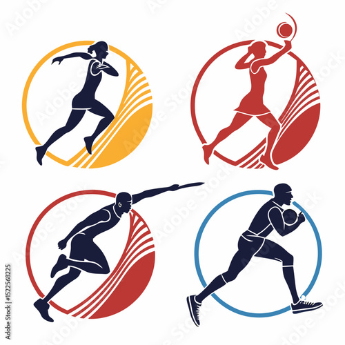 Athlete silhouettes in action dynamic set demonstrating diverse sports and athleticism in vivid colors
