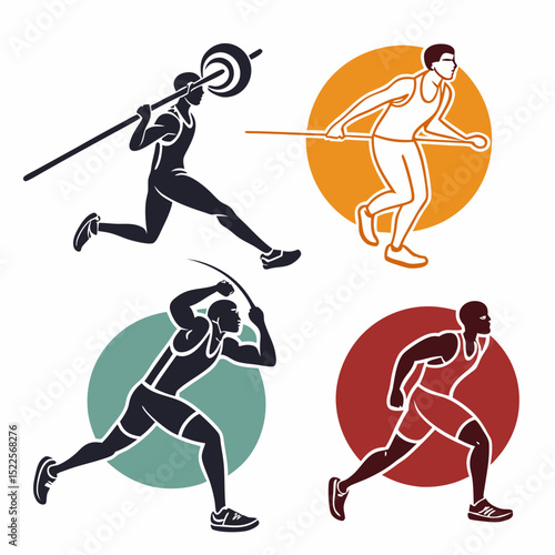 Athletic silhouette illustrations featuring various track and field sports including javelin throw shot put and running