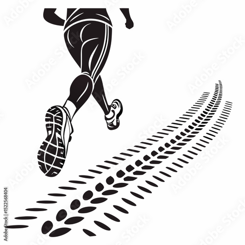 Dynamic depiction of runner in motion with running shoe tread marks signifying a powerful athletic stride vector art