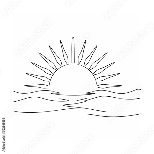 Black and white illustration depicting a rising sun over gentle ocean waves