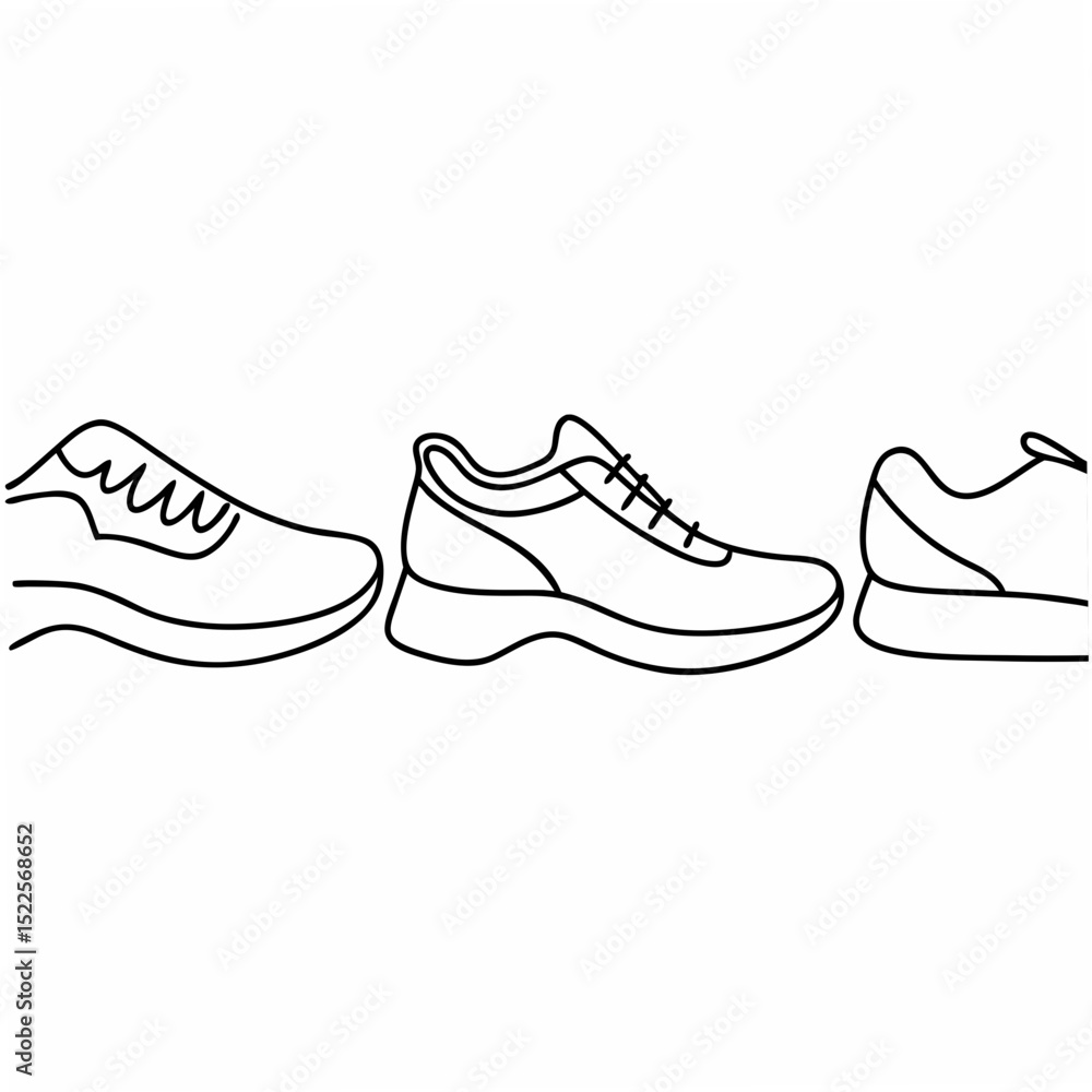 Line drawing of sneakers showing modern footwear styles in black outlines perfect for fashion designs Line drawing of sneakers showing modern footwear styles in black outlines perfect for fashion designs