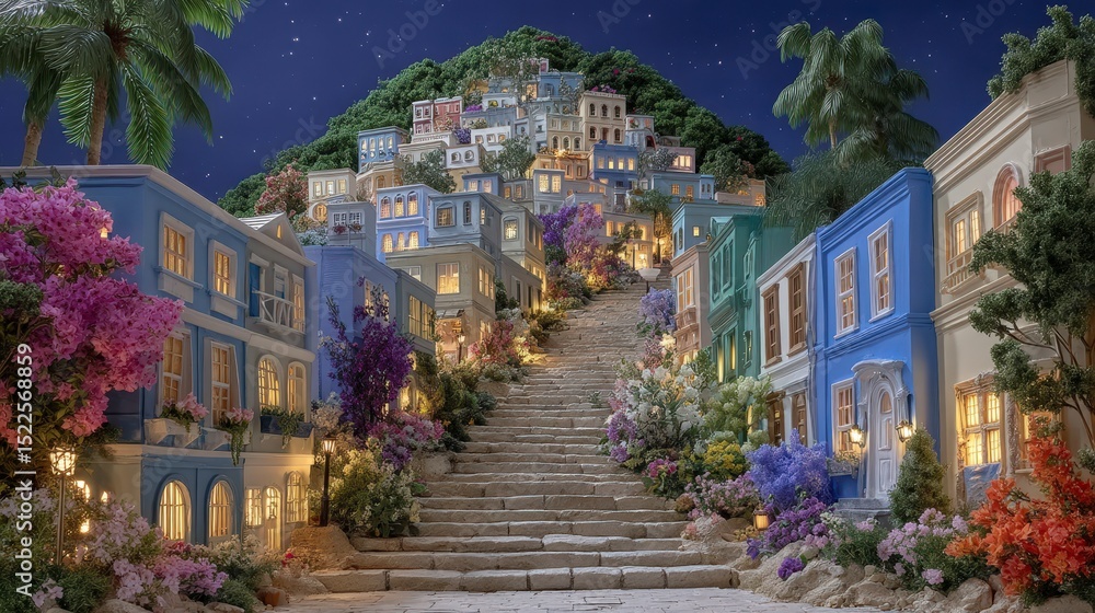 Fototapeta premium Enchanting Miniature Village Hillside Flowers Night