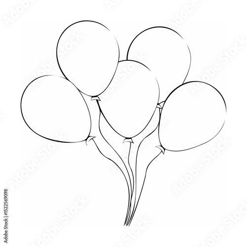 Black and white outline illustration of a bunch of five floating balloons ready to celebrate