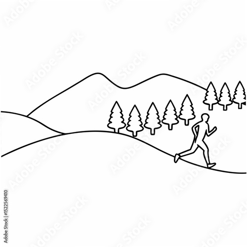 Silhouette of a runner jogging through a mountainous landscape with evergreen trees, clean minimalist design.