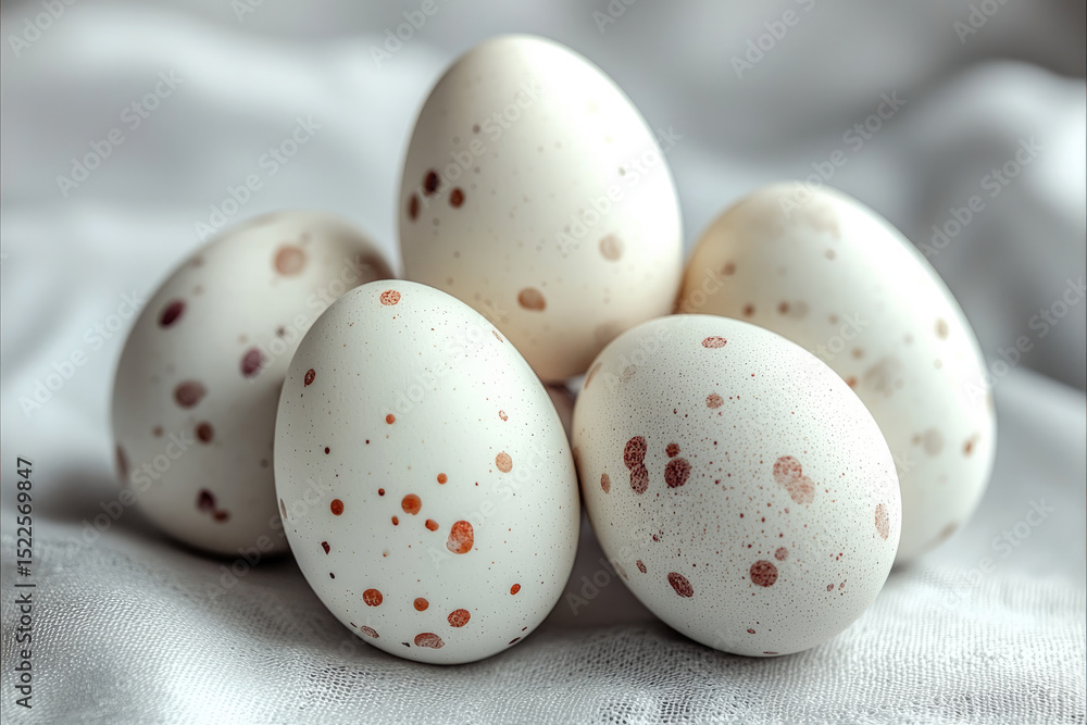 Fototapeta premium Speckled egg white egg group closeup natural fresh minimalist soft light Easter calm