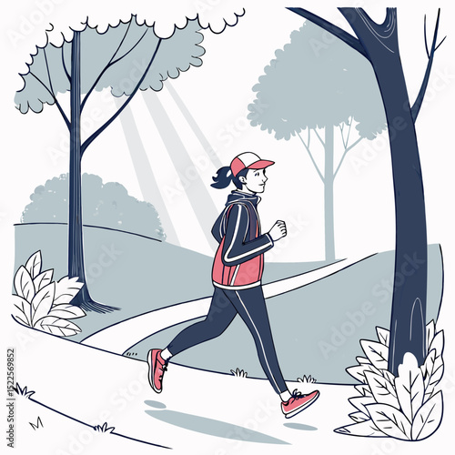Young woman enjoying a morning run through a park illustration depicting fitness and healthy lifestyle
