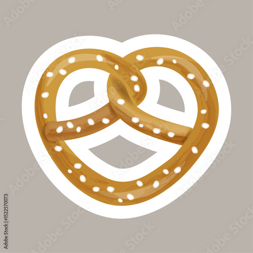 Pretzel with white outline on gray background. Vector illustration. Sticker for Oktoberfest. Background for bakery and cafe. Close-up element for design decoration. Badge.