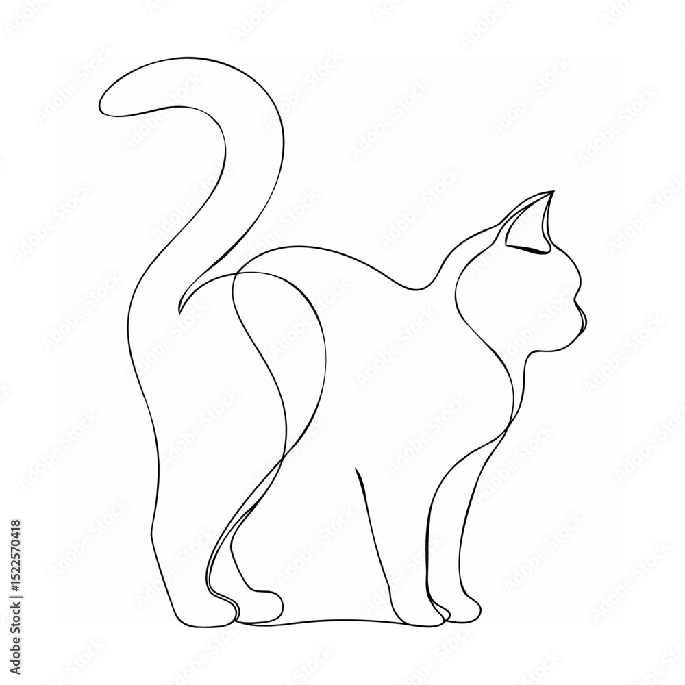 Minimalist one line drawing of a graceful cat in profile posing against a white background Minimalist one line drawing of a graceful cat in profile posing against a white background