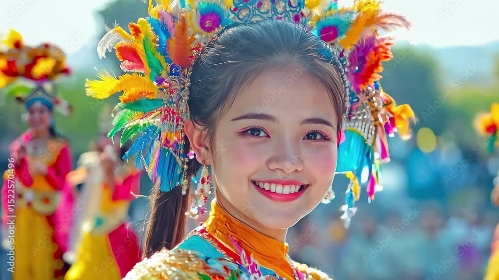 Smiling Woman in Colorful Traditional Costume at Festival