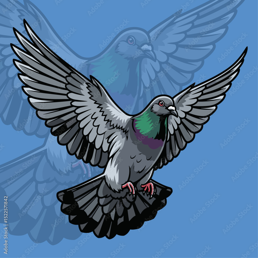 Fototapeta premium Vivid illustration of a soaring pigeon with colorful feathers in a lively city scene