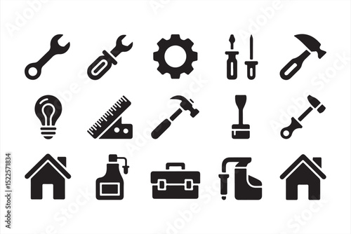 Clean Line Vector Icons of DIY Tools and Equipment Including Wrenches, Hammers, Gears, Rulers, and Home Symbols in Minimalist Outline Style