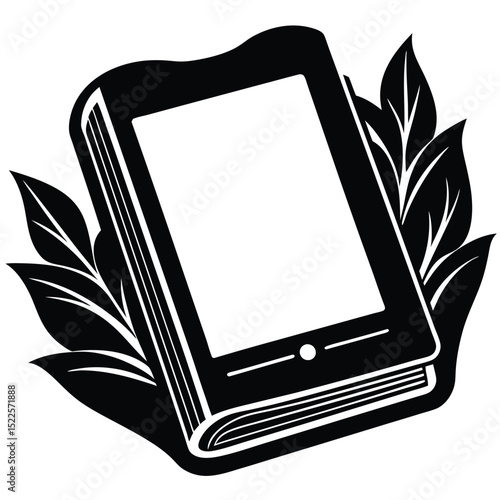 Book illustration ebook reader with leaves black and white silhouette
