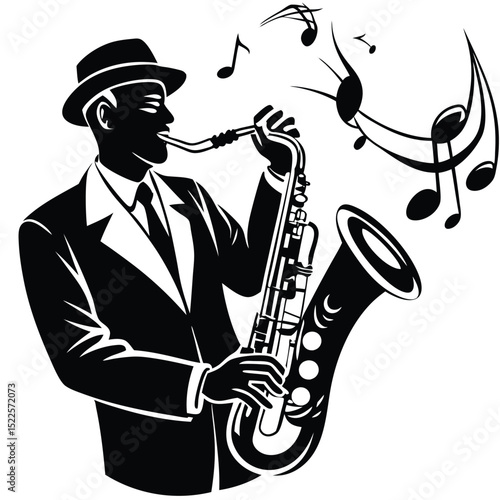 Saxophone player jazz musician music notes black and white silhouette