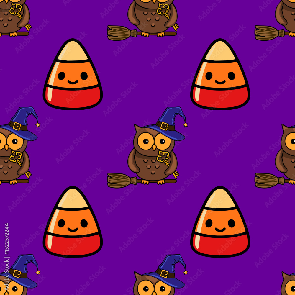 Seamless vector Halloween pattern with cute cartoon owls in witch hats riding broomsticks and candy corn on a vibrant purple background, perfect for festive designs. Seamless vector Halloween pattern with cute cartoon owls in witch hats riding broomsticks and candy corn on a vibrant purple background, perfect for festive designs.