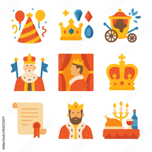 Kings birthday icons suitable for invitations, posters, and social media celebrating royal festivities with crown, carriage, and document symbols.