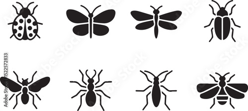 quare tile insect icon illustrations with high-contrast black-and-white styling featuring butterflies, dragonflies, and beetles