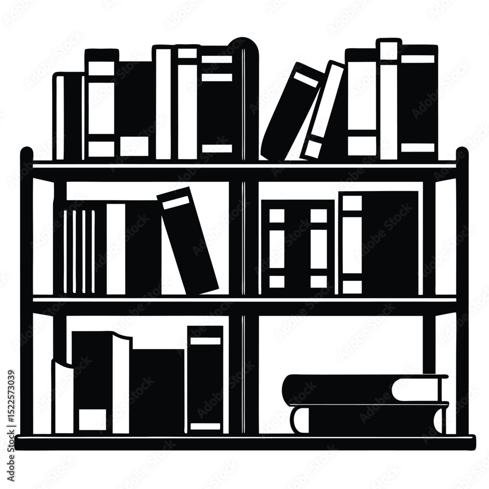 Bookshelf full of books illustration design black and white silhouette Bookshelf full of books illustration design black and white silhouette