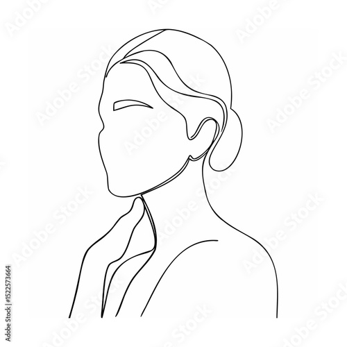 Minimalist one line drawing of a woman touching her neck with an elegant updo hairstyle