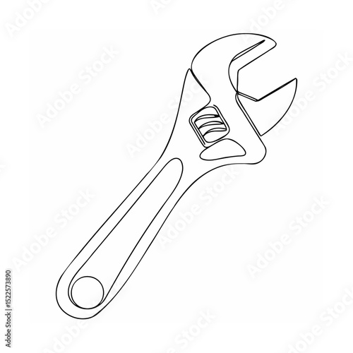 Line art illustration of adjustable wrench on isolated white background for repair and tools concepts