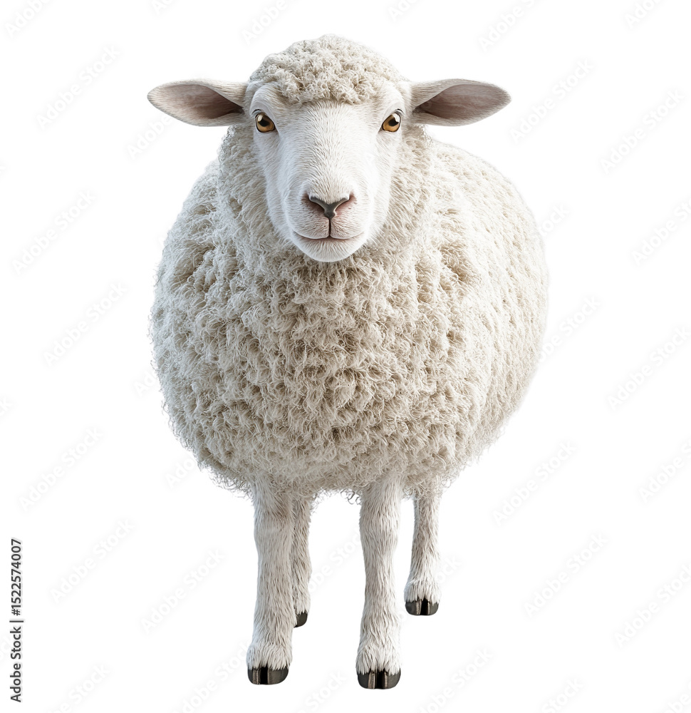 Fluffy white sheep facing forward, isolated on transparent background Fluffy white sheep facing forward, isolated on transparent background