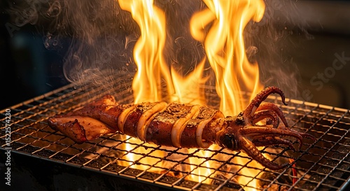 Grilled Squid on a Charcoal Grill with Flaming Embers