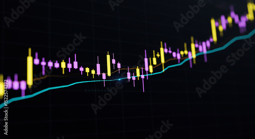 A financial chart with candlesticks and moving averages on a dark background showing market trends