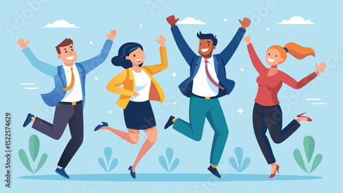 Cartoon Image of Four Diverse Business People Jumping, Celebrating Success in Corporate Attire