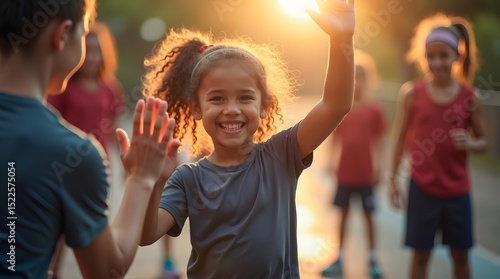 Fototapeta Naklejka Na Ścianę i Meble -  A joyful young girl with curly hair celebrates during a playful game at sunset, surrounded by friends in athletic attire.