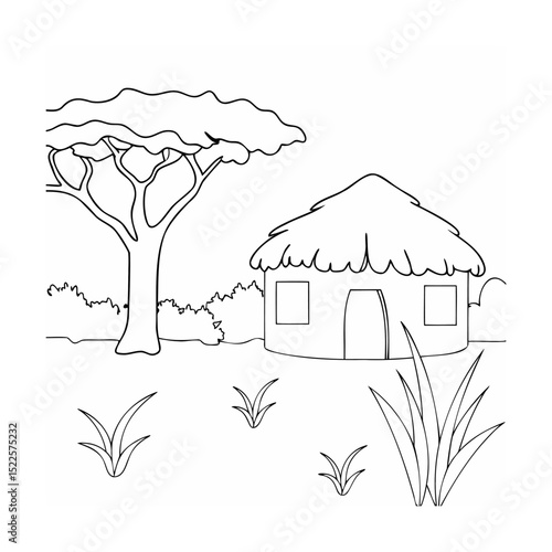 African Hut Sketch With Trees And Grassland, Simple Line Art