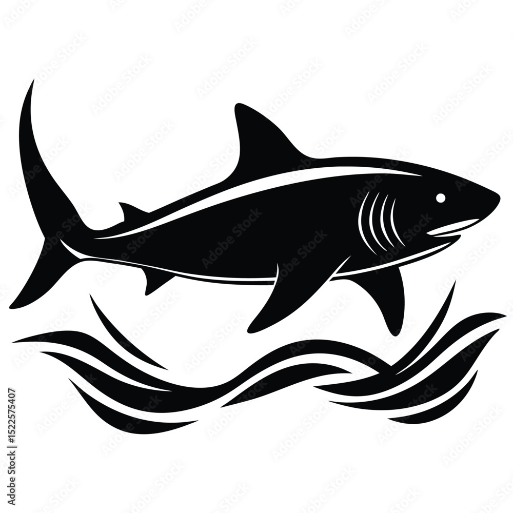 Fototapeta premium Shark vector illustration great white swimming ocean waves art silhouette