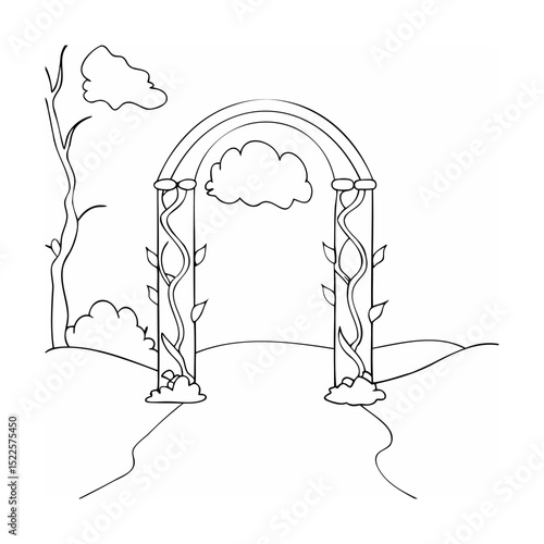 Charming line art illustration of an elegant garden archway with decorative foliage and cloud elements