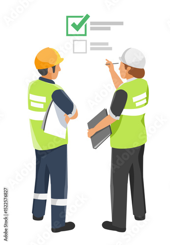 Female safety inspector reviewing checklist with factory staff during on site industrial permit inspection isometric