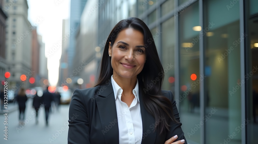 Confident businesswoman smiling in a city setting, showcasing professionalism and determination. Confident businesswoman smiling in a city setting, showcasing professionalism and determination.