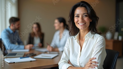 Confident woman smiling in a modern office setting, surrounded by colleagues engaged in discussion.