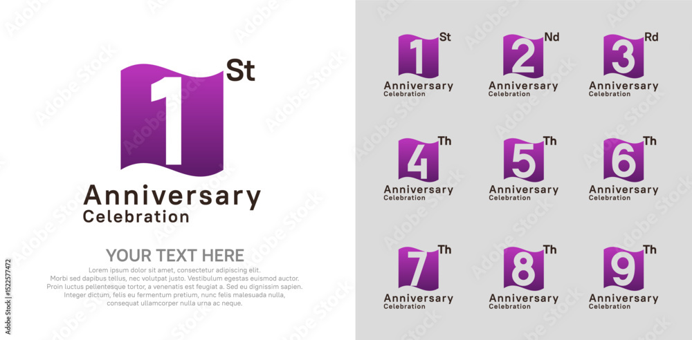 Fototapeta premium Anniversary logo set vector design, purple color for celebration event