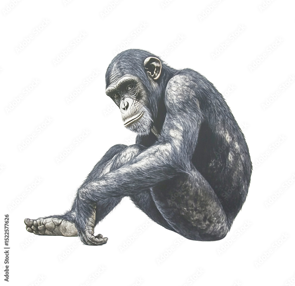 Fototapeta premium Chimpanzee sitting pensively, isolated on transparent background