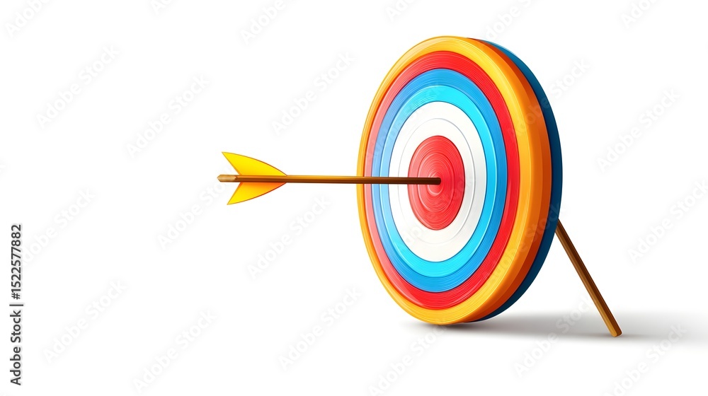 Arrow hitting the center of colorful target representing success and accuracy Arrow hitting the center of colorful target representing success and accuracy