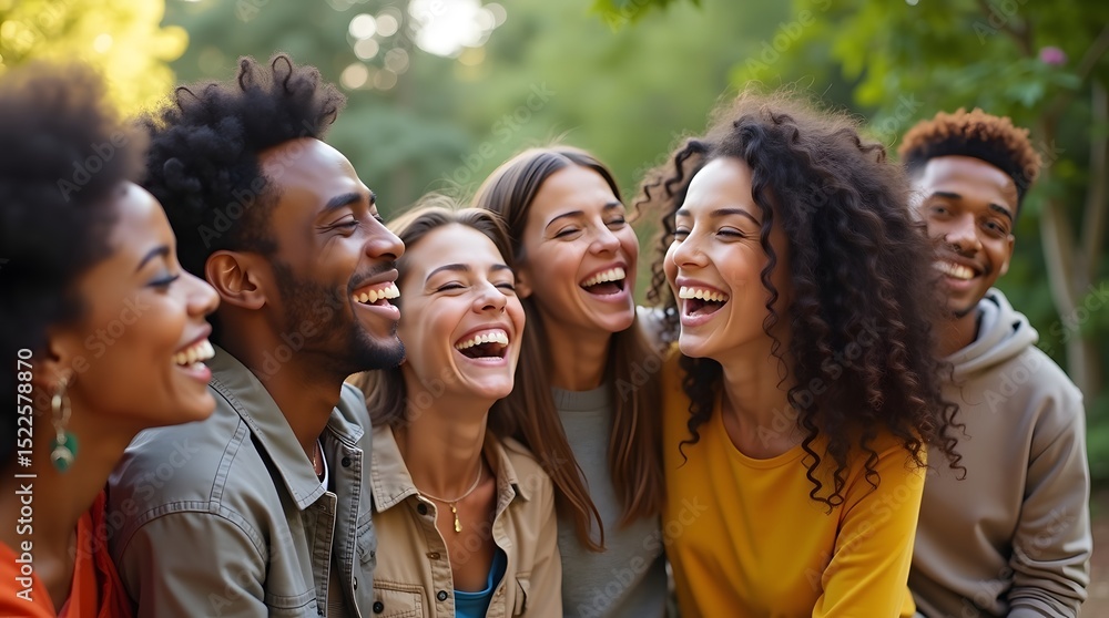 Fototapeta premium A diverse group of joyful friends sharing laughter in a sunlit park, showcasing a moment of genuine happiness.