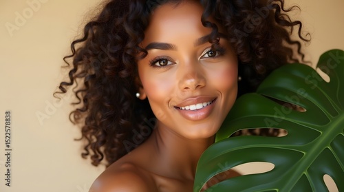 A beautiful young Black woman with curly hair smiles warmly, holding a large green leaf against a neutral background.