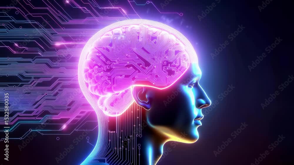 A glowing human profile with a brain depicted as circuitry, illustrating the fusion of human intelligence and advanced technology. A glowing human profile with a brain depicted as circuitry, illustrating the fusion of human intelligence and advanced technology.
